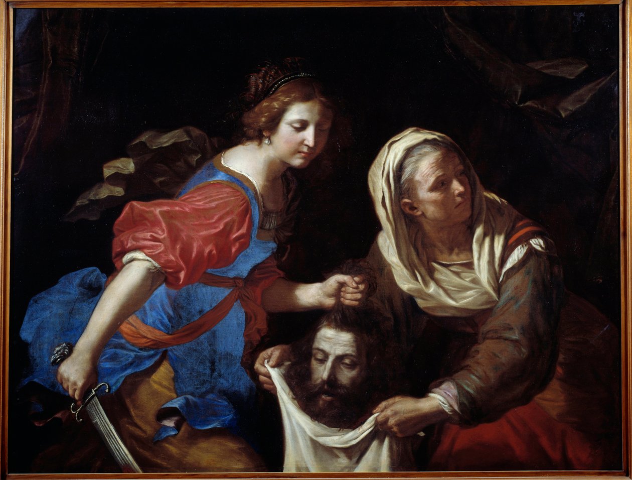 Judith und das Haupt des Holofernes. Ihre Magd Abra hält den Beutel, während Judith den Kopf des Mannes ablegt. Gemälde von Giovanni Francesco Barbieri, genannt Il Guercino. von Guercino