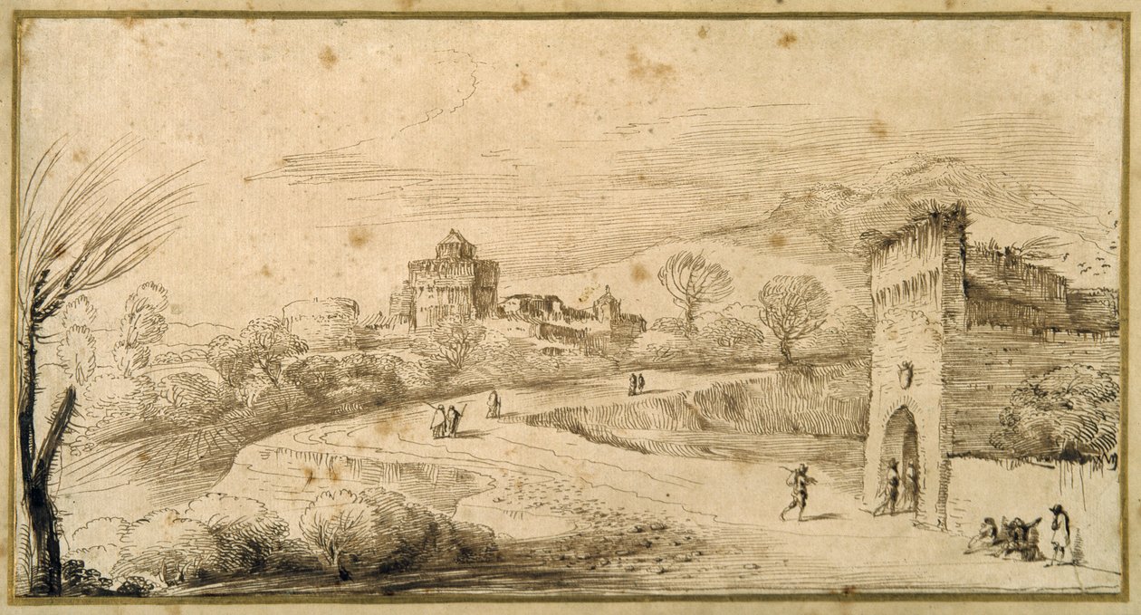 Landschaft mit einem Zinnen-Torhaus und einer kurvenreichen Straße von Guercino