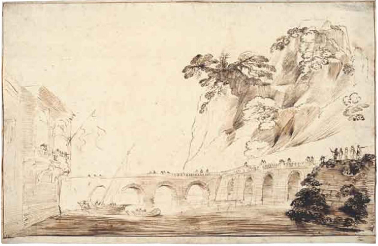 Landschaft mit einem Fluss, der von einer Brücke überquert wird, gesäumt von Zuschauern, die zu einem Gebäude mit einer überhängenden Loggia mit einer Gruppe von Zuschauern führt von Guercino