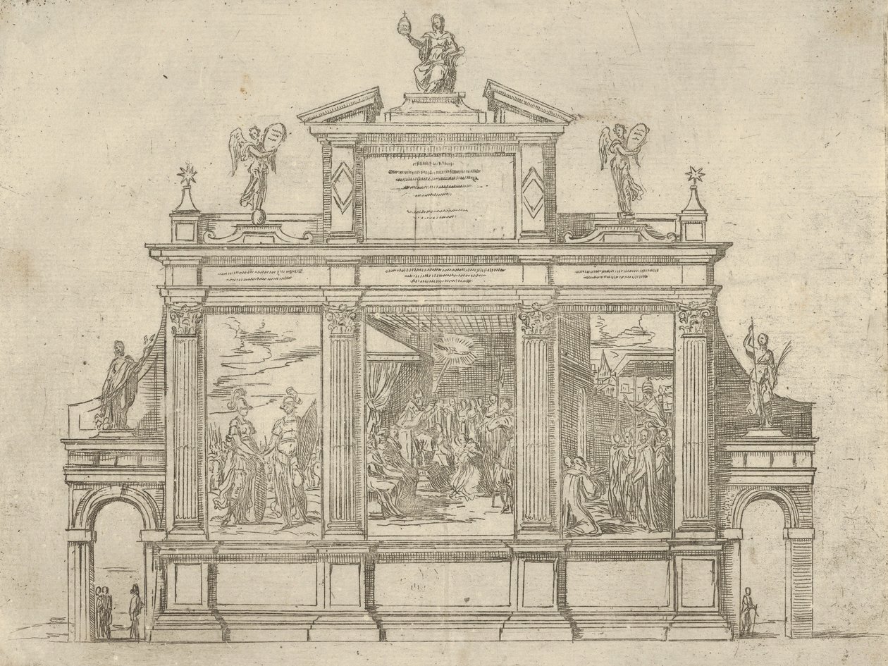 Fassade eines Triumphdenkmals mit drei Szenen, die Taten von Papst Clemens VIII. darstellen, eine temporäre Dekoration, 1598 von Guido Reni