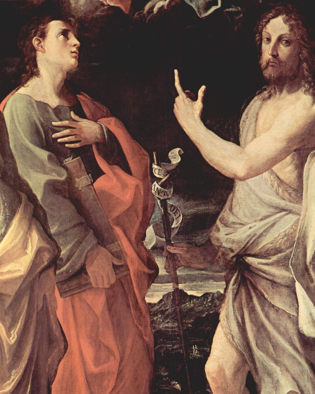 Krönung der Jungfrau mit den Heiligen Johannes Evangelist, Johannes der Täufer, Bernhard und Katharina von Alexandrien (Detail: Johannes Evangelist und Johannes der Täufer) von Guido Reni