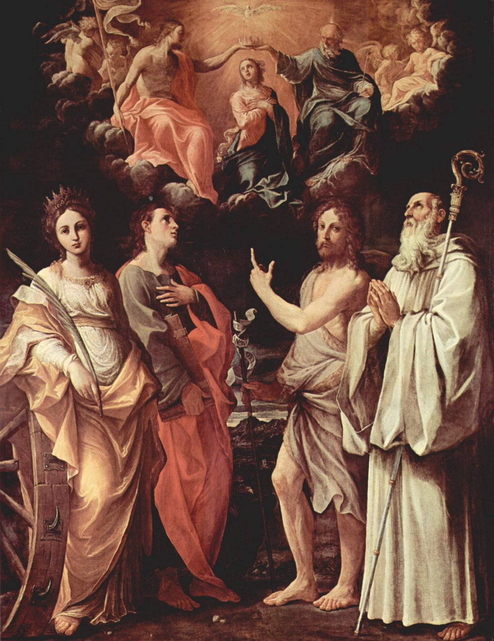 Krönung der Jungfrau mit den Heiligen Johannes Evangelist, Johannes der Täufer, Bernhard und Katharina von Alexandrien von Guido Reni