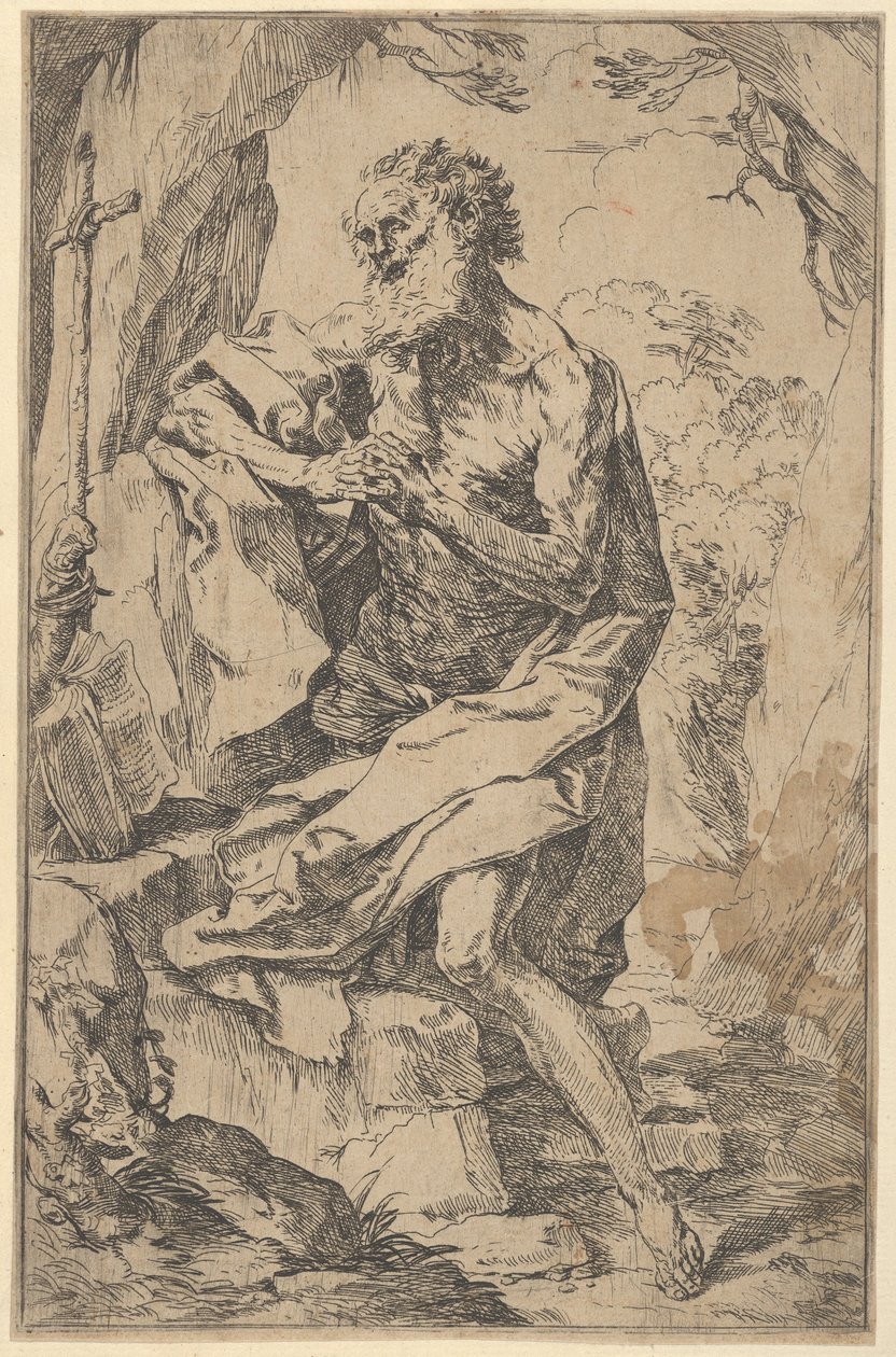 Heiliger Hieronymus kniend auf einem Felsen vor einem Kreuz und einem offenen Buch von Guido Reni