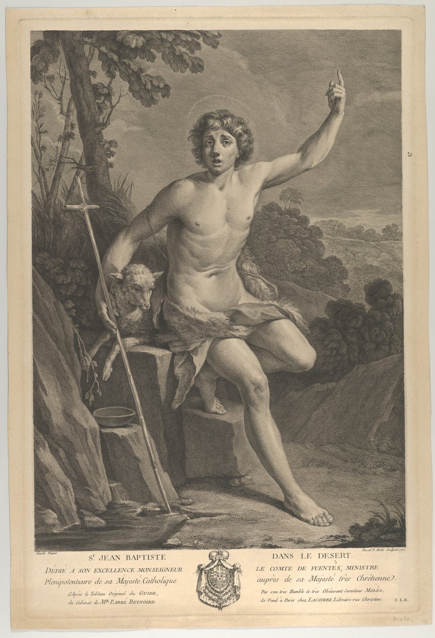 Johannes der Täufer in der Wüste, auf einem Felsen sitzend und mit der linken Hand nach oben zeigend von Guido Reni