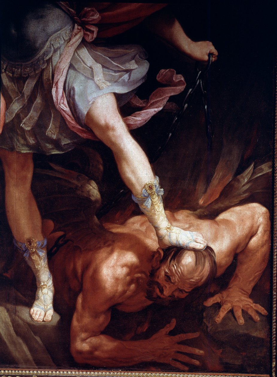 Der heilige Michael zertritt den Kopf des Dämons (Detail) von Guido Reni