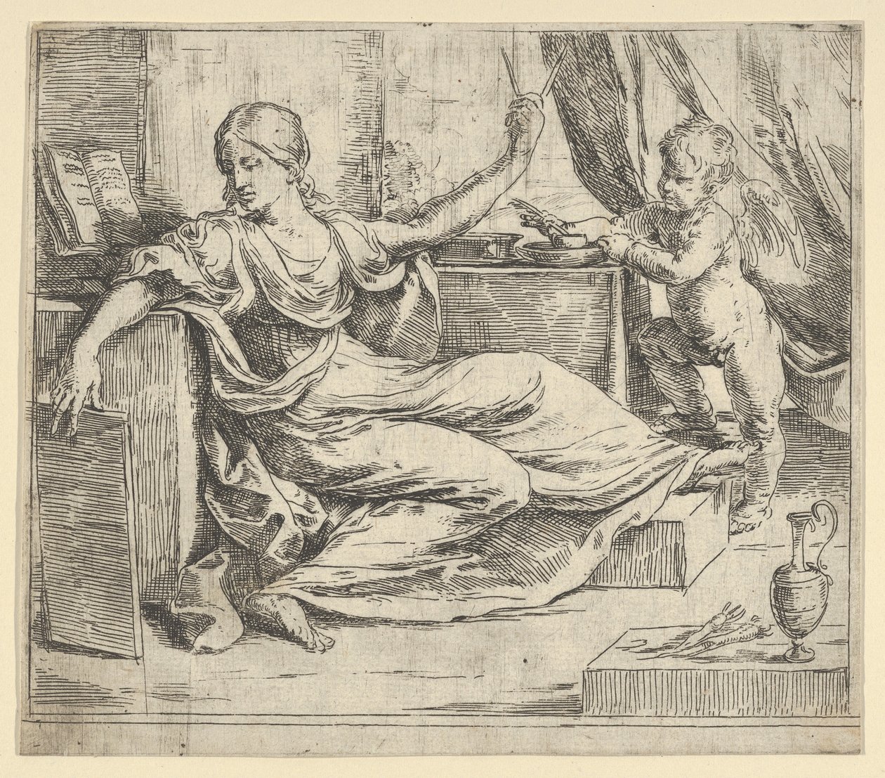 Sitzende Frau mit einem Tablet und Kompass, Allegorie des Lernens, ein geflügelter Putto... von Guido Reni
