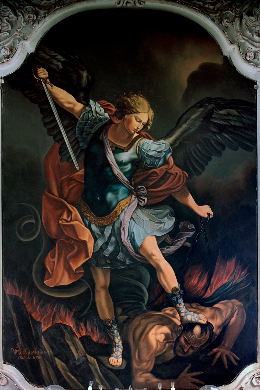 Der Erzengel Michael besiegt den Drachen von V. M. De Girolamo (20. Jahrhundert) nach Guido Reni. 1957 von Guido Reni