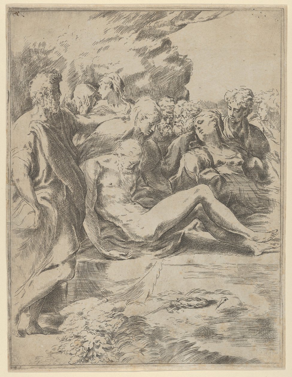 Die Grablegung, Christus mit ausgestreckten Beinen, die Jungfrau rechts, 1590-1600 von Guido Reni