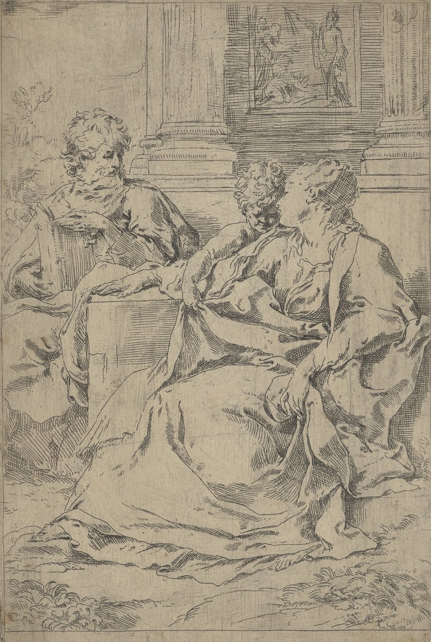 Die Heilige Familie sitzt zusammen vor einer Kolonnade, Josef liest von Guido Reni