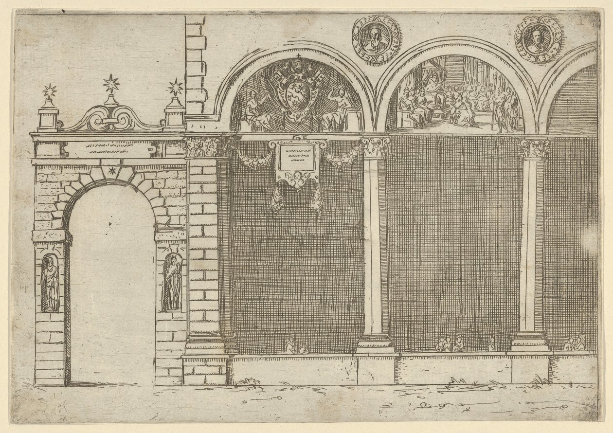 Die Arkade des Palastes des Erzbischofs von Bologna mit temporären Dekorationen für die e..., 1598 von Guido Reni