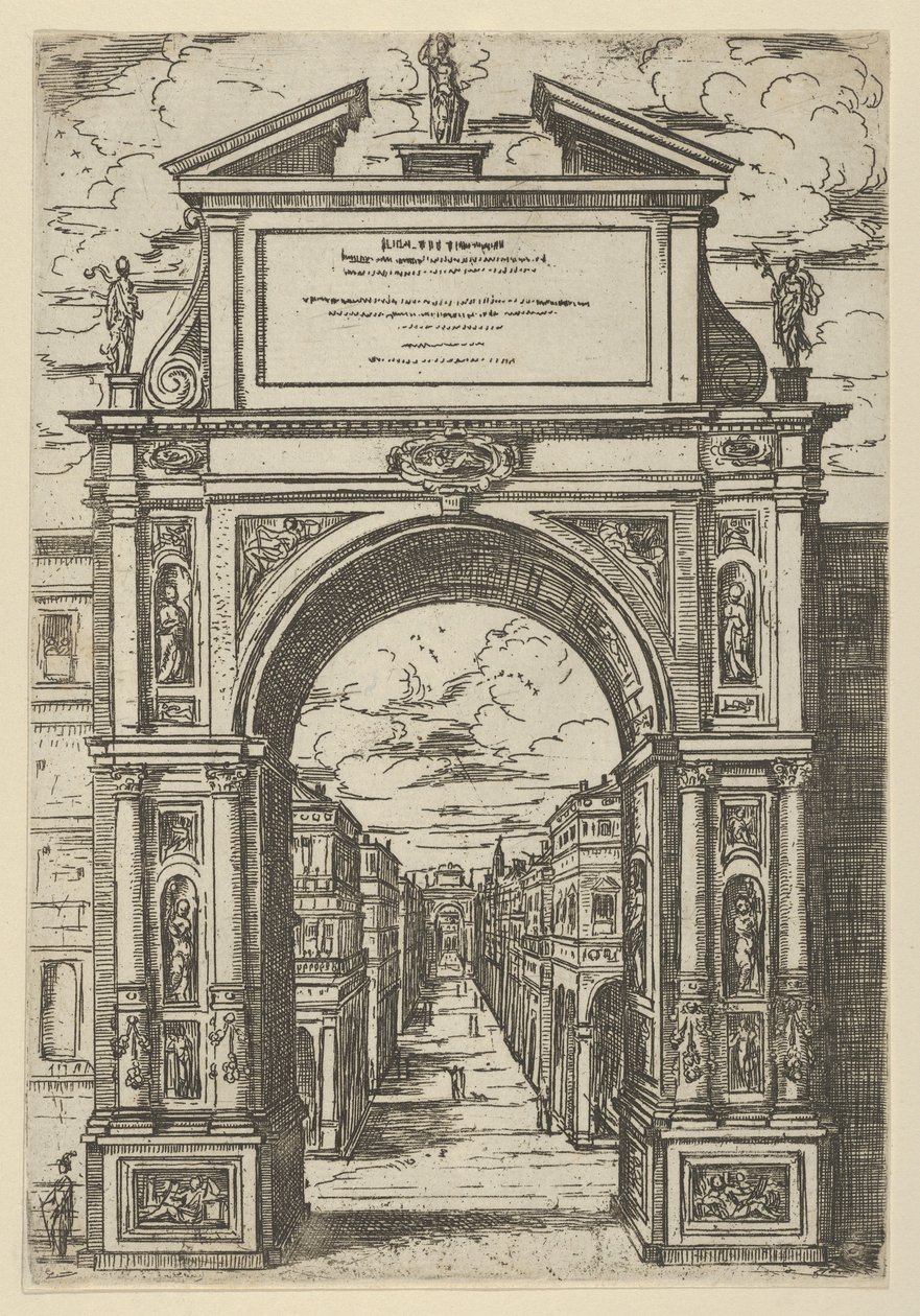 Triumphbogen mit einer Statue, die die Stadt Bologna darstellt, Gebäude im Hintergrund von Guido Reni
