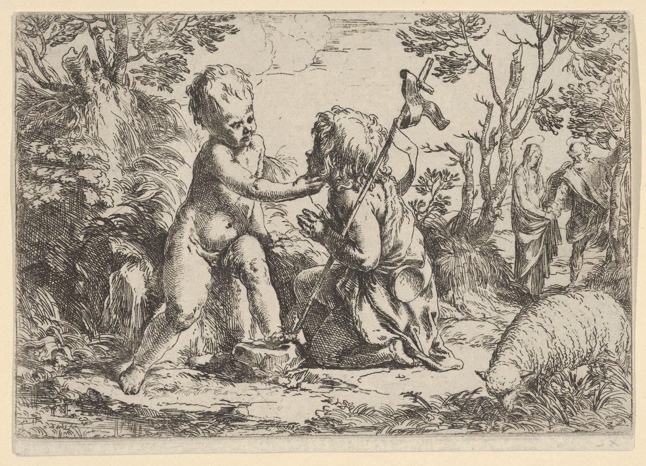 Junger Heiliger Johannes der Täufer kniend vor dem Jesuskind, das sein Gesicht streichelt, ca. 1600-1640 von Guido Reni