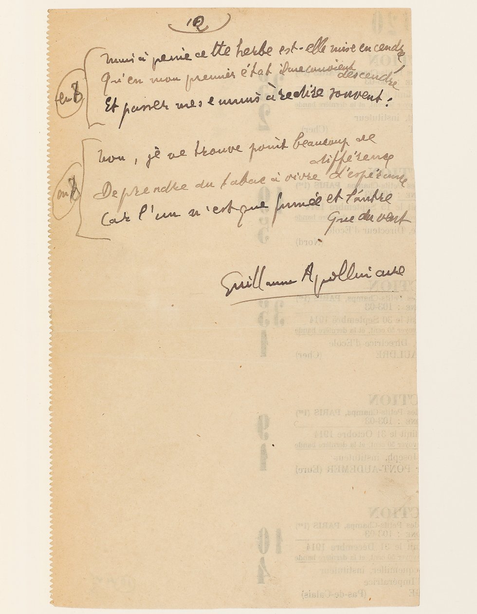 "Anekdotisches Leben. "Hymne des Völkerbundes". Tabak.", 15. August 1918 von Guillaume Apollinaire