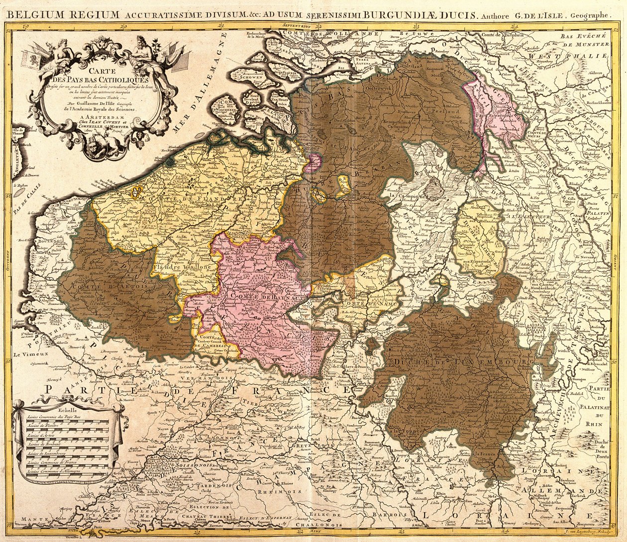 Karte der katholischen Niederlande (Belgien und Luxemburg) (Radierung) von Guillaume Delisle