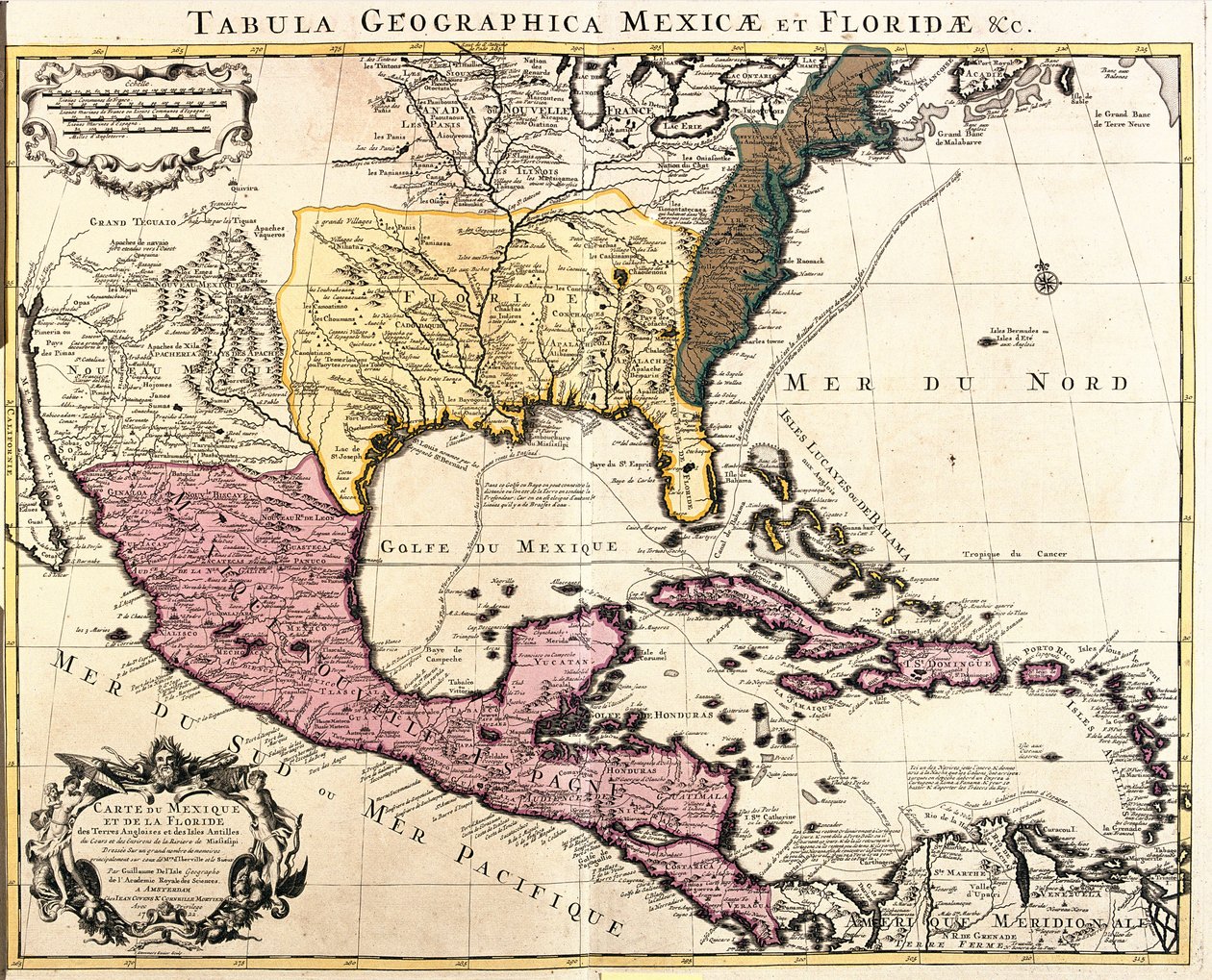 Karte von Mexiko und Florida (USA) mit den Karibischen Inseln (Kuba, Haiti, Jamaika, Antillen) (Radierung) von Guillaume Delisle