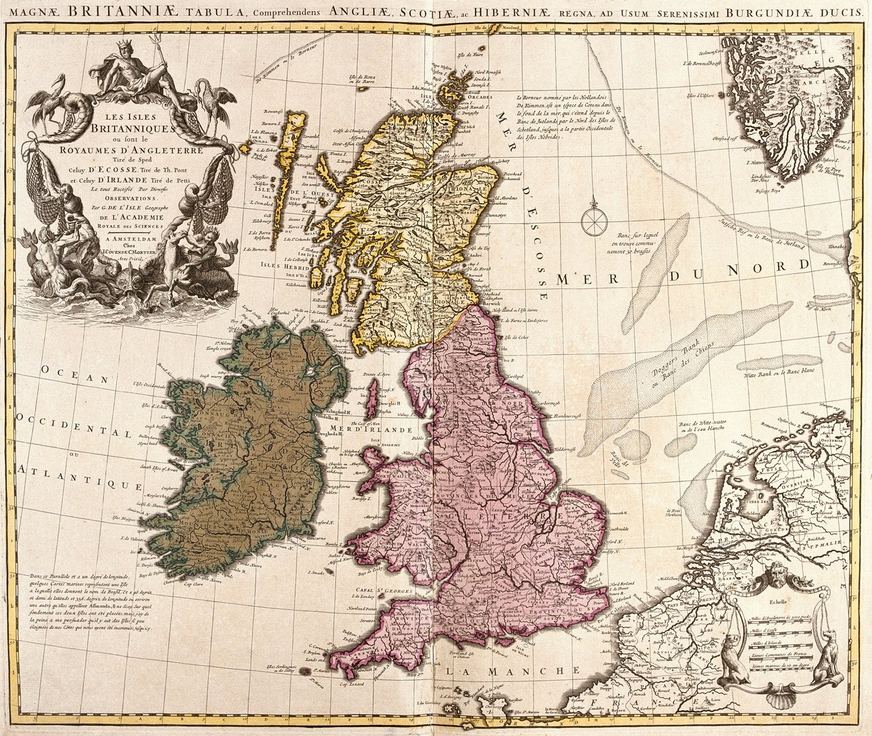 Karte der Britischen Inseln, Königreiche England, Schottland und Irland (Radierung) von Guillaume Delisle