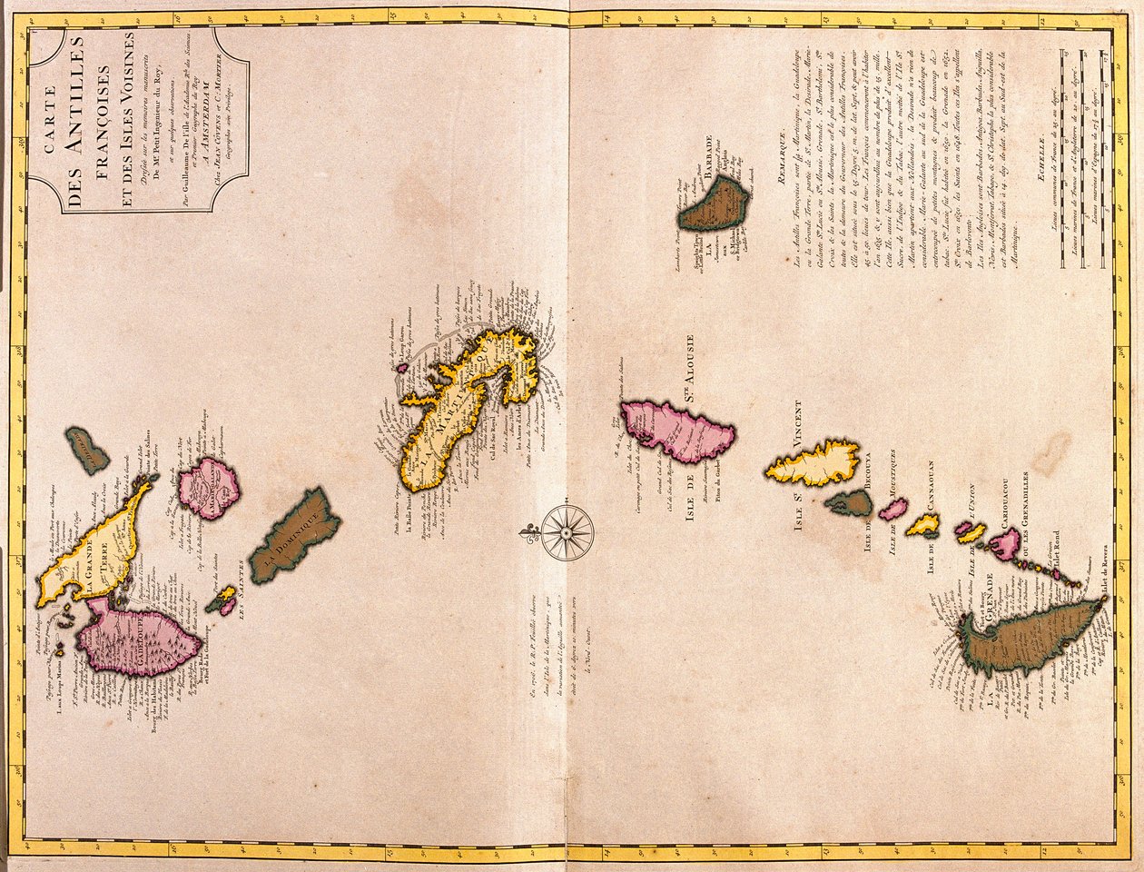 Karten der Karibischen Inseln (Guadeloupe, Marie Galante, Dominica, Martinique, Saint Lucia, Saint Vincent, Barbados, Grenadinen und Grenada) (Radierung) von Guillaume Delisle