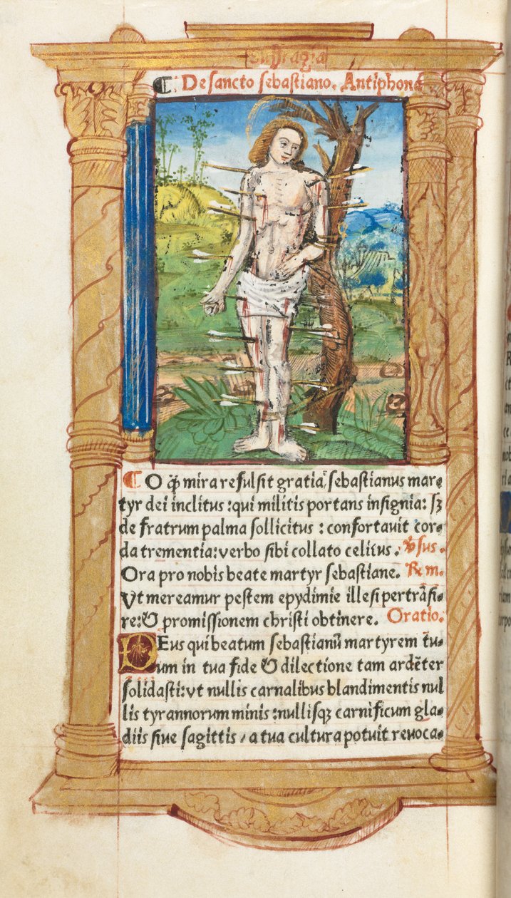 Gedrucktes Stundenbuch (Gebrauch von Rom): fol. 102v, St. Sebastian von Guillaume Le Rouge