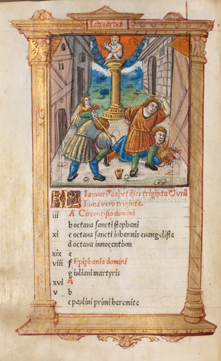 Stundenbuch (Gebrauch von Rom): fol. 2v, Januar Kalenderillustration von Guillaume Le Rouge