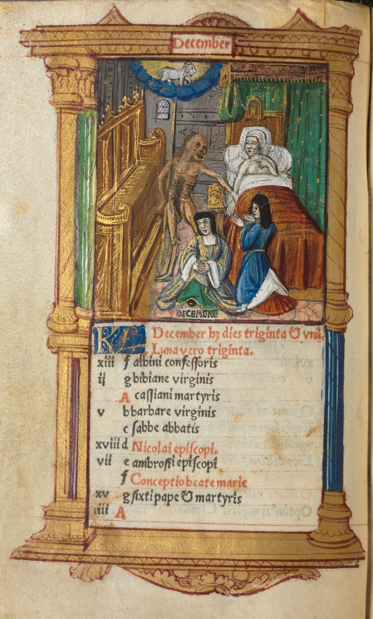 Gedrucktes Stundenbuch Gebrauch von Rom: fol. 13v, Dezember Kalenderseite, 1510 von Guillaume Le Rouge