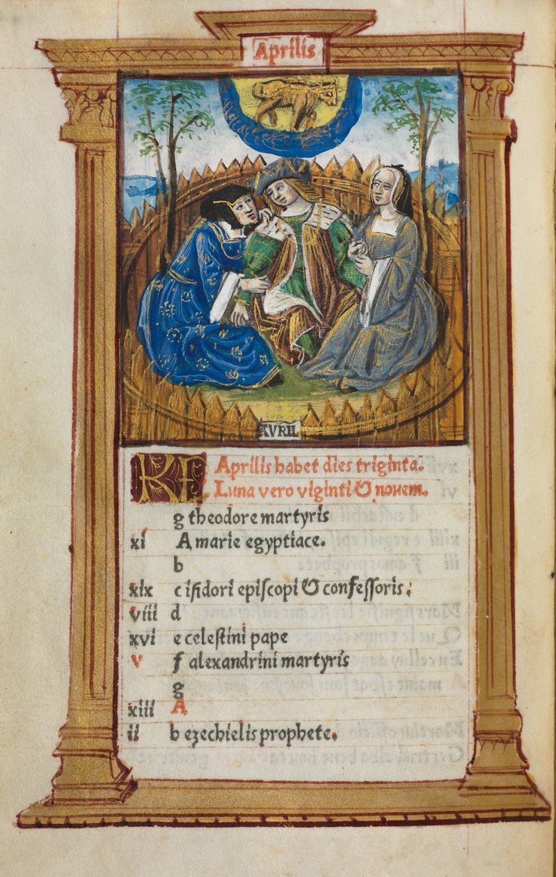 Gedrucktes Stundenbuch Gebrauch von Rom: fol. 5v, April Kalenderillustration, 1510 von Guillaume Le Rouge