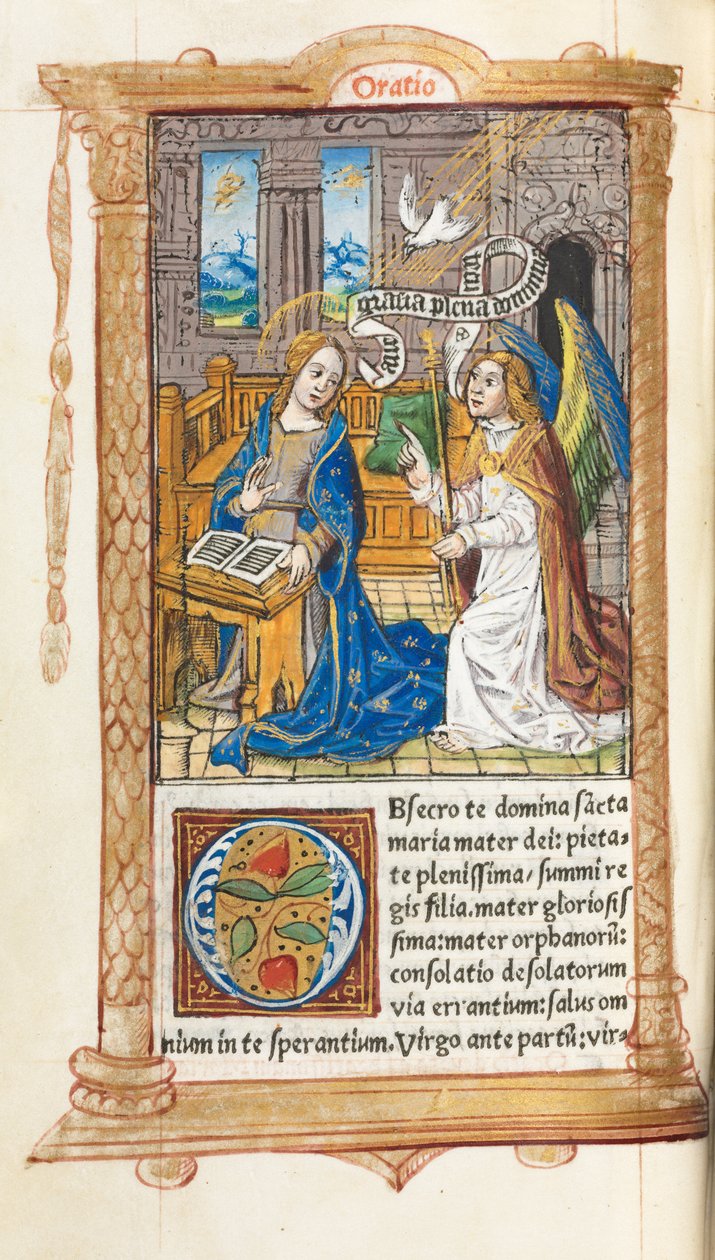 Gedrucktes Stundenbuch Gebrauch von Rom: fol. 60v, Die Verkündigung, 1510 von Guillaume Le Rouge