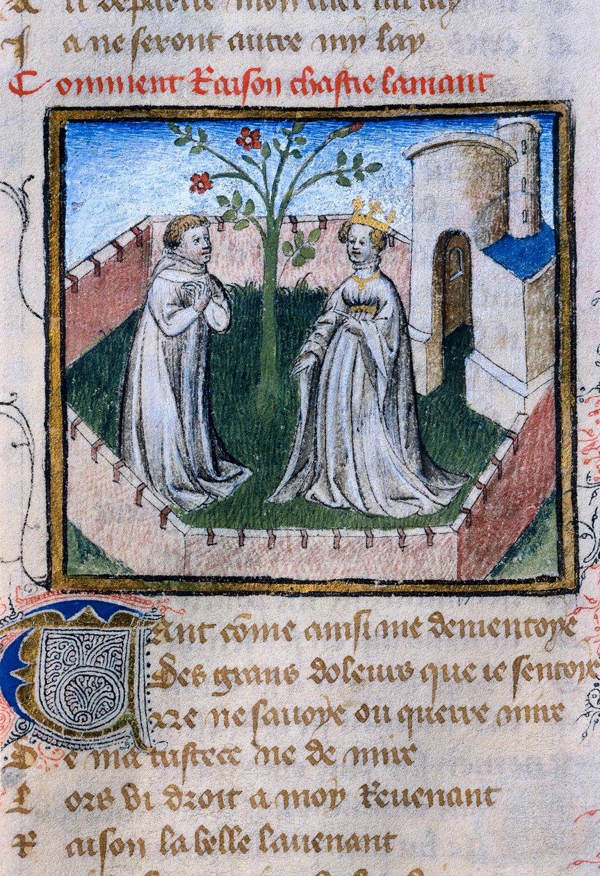 Darstellung eines Liebespaares in der Nähe einer Rose, Miniatur in "Roman de la Rose" von Guillaume de Lorris