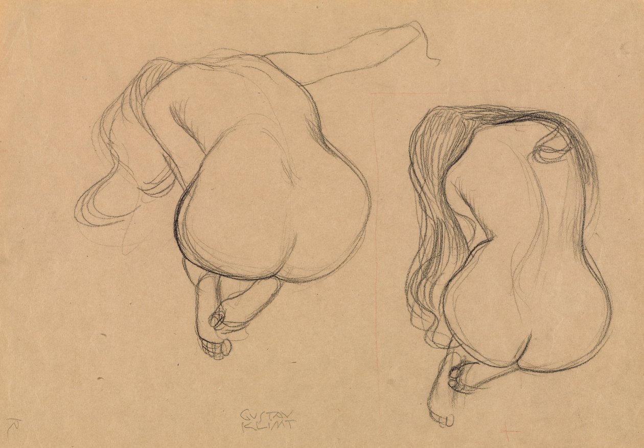 Zwei Studien eines sitzenden Aktes mit langen Haaren von Gustav Klimt