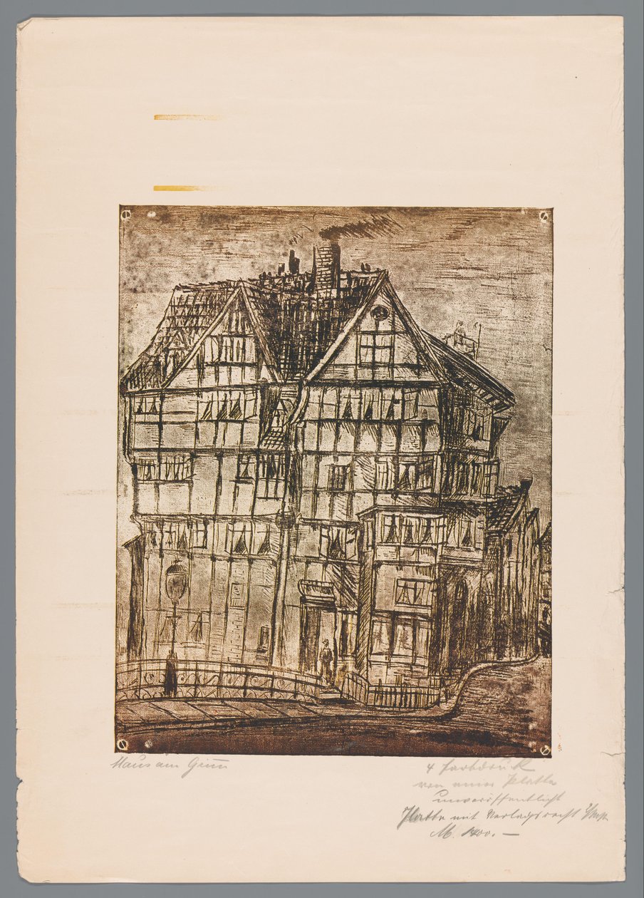 Reproduktion eines Drucks oder einer Zeichnung mit Blick auf ein altes Haus, möglicherweise in Greiz, Deutschland von Gustav Digel (signed by artist)