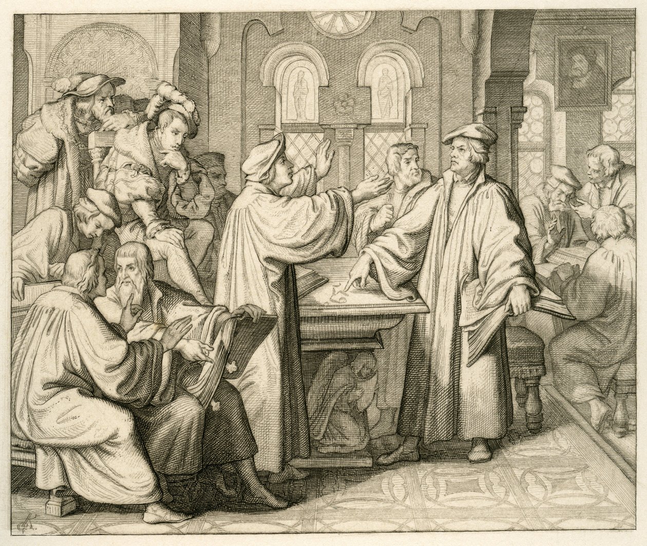 Luther und Ulrich Zwingli (1494-1531) diskutieren über das Sakrament und kommen zu keiner Einigung, in Marburg 1529 von Gustav Ferdinand Leopold Konig