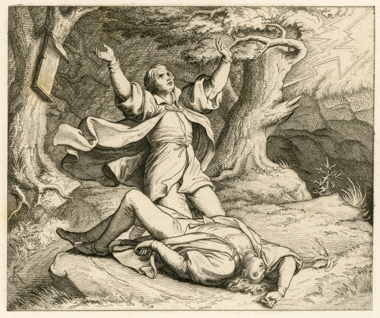 Martin Luther und sein Freund Alexis (vielleicht war das sein Name) gingen spazieren und es gab ein Gewitter. Alexis wurde vom Blitz getroffen und starb von Gustav Ferdinand Leopold Konig