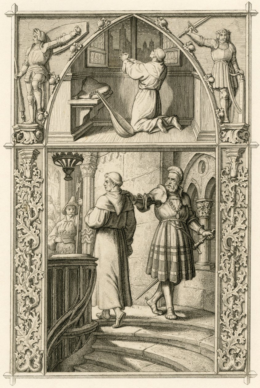 Martin Luther bereitet sich durch ein Gebet auf das Treffen mit dem Kaiser vor (Bild oben); Hauptbild: Luther trifft den Ritter Georg von Frundsberg von Gustav Ferdinand Leopold Konig