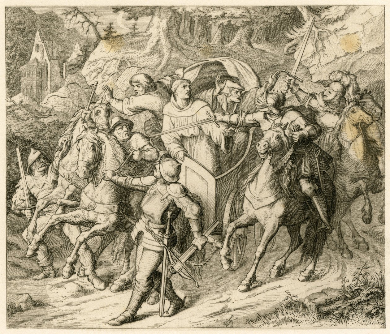Die Entführung Martin Luthers auf seiner Rückreise - 1521 - durch Hauptmann von Berlepsch und Burkhard Hund, wegen der Bannbulle des Papstes und der Reichsacht des Kaisers von Gustav Ferdinand Leopold Konig