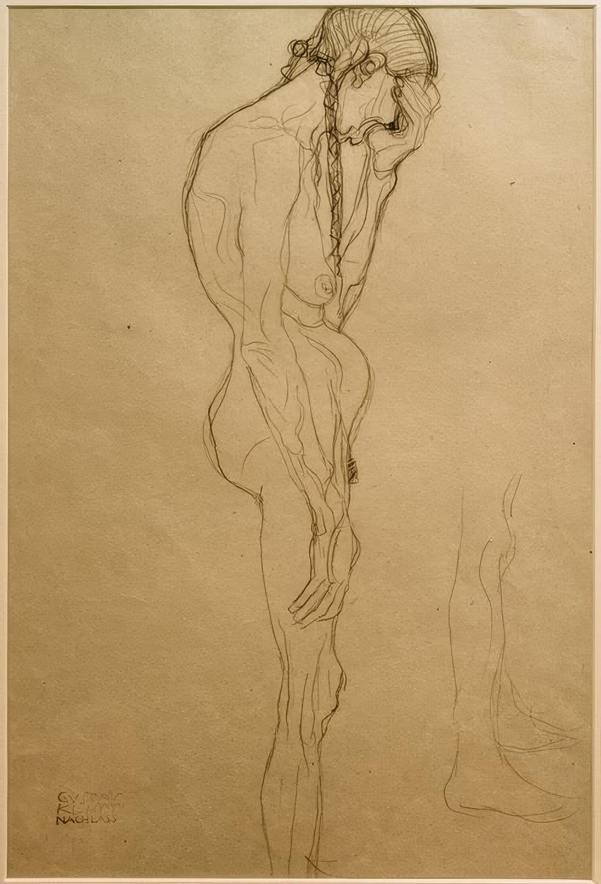 Stehende alte Frau im Profil nach rechts, Beinstudie von Gustav Klimt