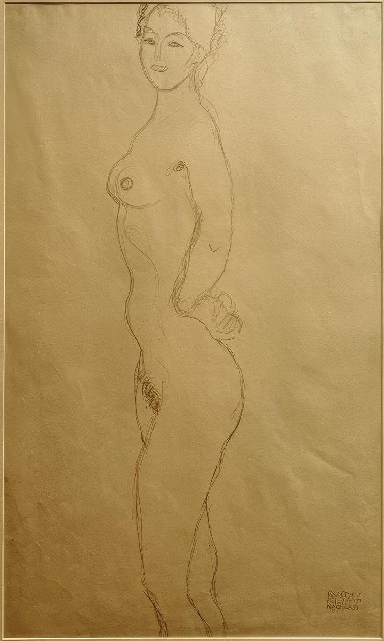 Stehender weiblicher Akt nach links, die Hand in die... von Gustav Klimt