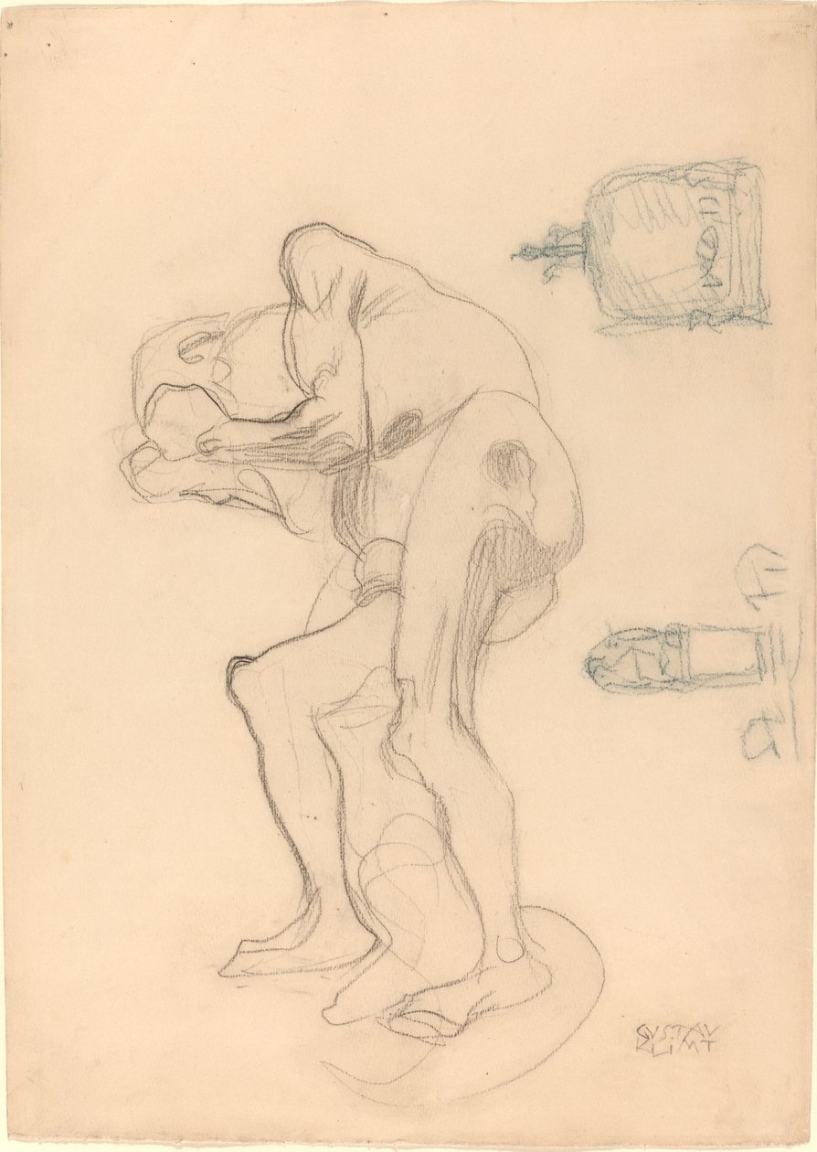 Studie einer nackten alten Frau, die ihre Fäuste ballt, und zwei dekorative Objekte von Gustav Klimt