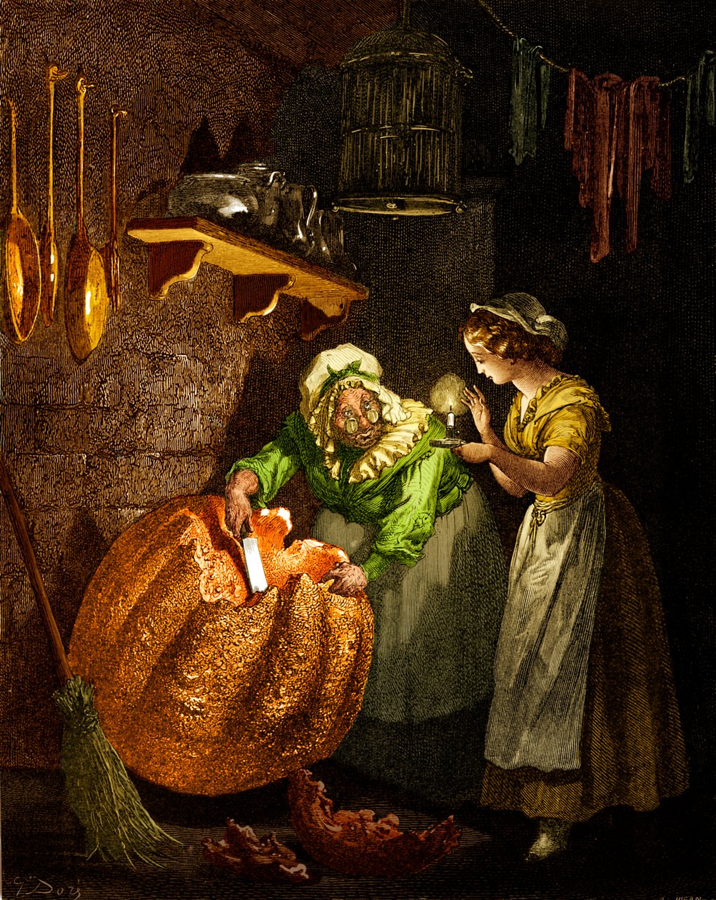 Aschenputtel: Die gute Fee schnitzt den Kürbis von Gustave Dore