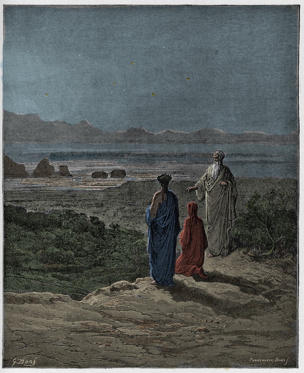 Purgatorio, Gesang 1: Dante kniet vor Statius (Illustration aus Die Göttliche Komödie von Dante Alighieri, 1885) von Gustave after Dore