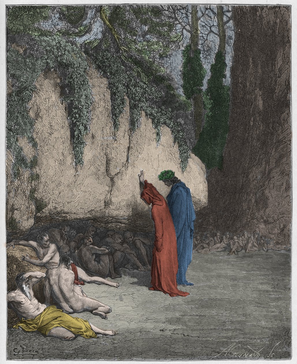 Purgatorio, Gesang 4: Die trägen Seelen neben dem Felsen (Illustration aus Die Göttliche Komödie von Dante Alighieri, 1885) von Gustave after Dore