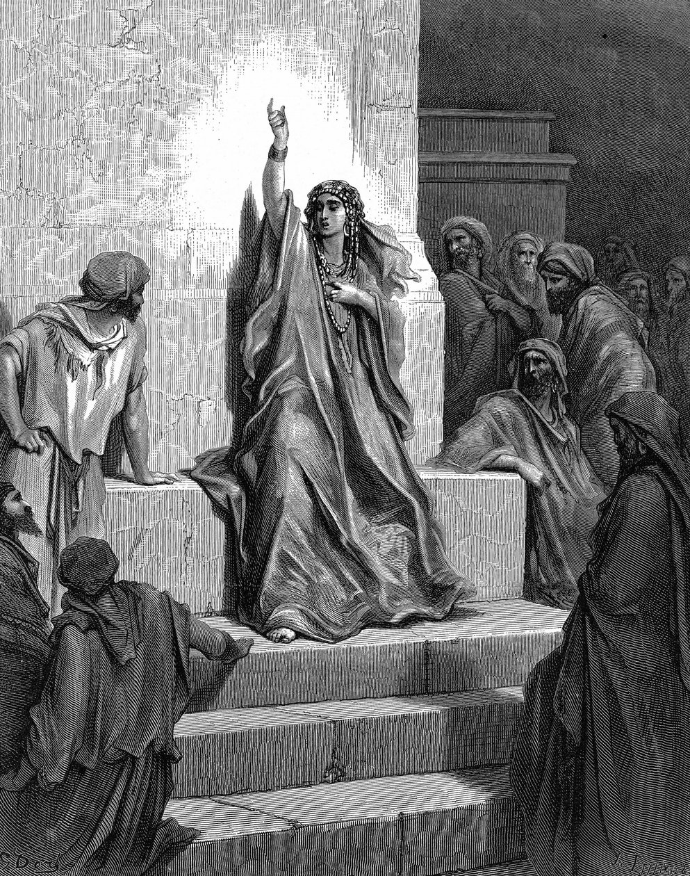 Deborah, hebräische Prophetin, die ihr Volk von Jabin, König von Kanaan, und seinem General Sisera befreite, singt ihr Triumphlied. Richter 5:1. 13. Jahrhundert v. Chr. Aus Gustave Dorés illustrierter Bibel 1866. Holzstich. von Gustave (after) Dore
