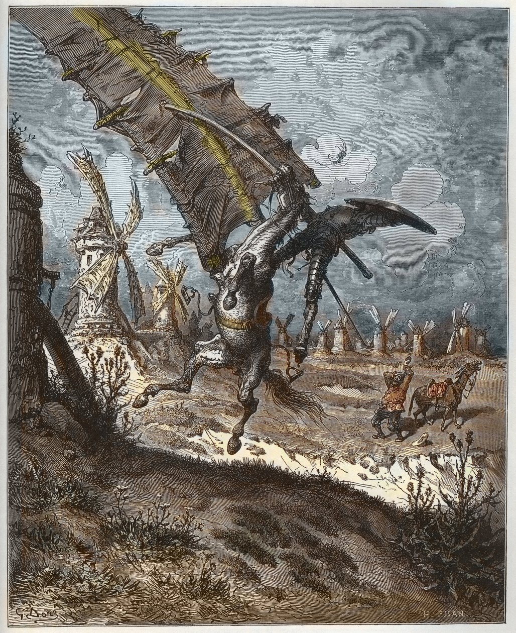 Don Quijote und die Windmühlen aus „Don Quijote de la Mancha“ von Miguel Cervantes (1547-1616) - graviert von Heliodore Joseph Pisan (1822-90) nach einer Zeichnung von Gustave Doré von Gustave (after) Dore