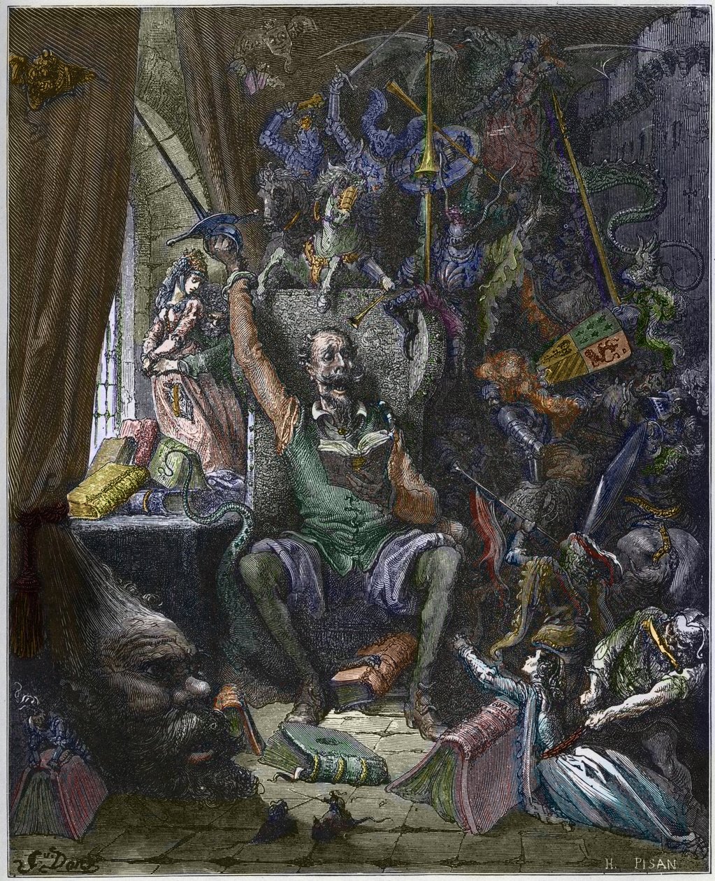 Don Quixote in seinem Arbeitszimmer, umgeben von den Phantomen seiner Tagträume - Don Quixote de la Mancha von Miguel Cervantes (1547-1616) - graviert von Heliodore Joseph Pisan (1822-90) nach einer Zeichnung von Gustave Dore von Gustave (after) Dore