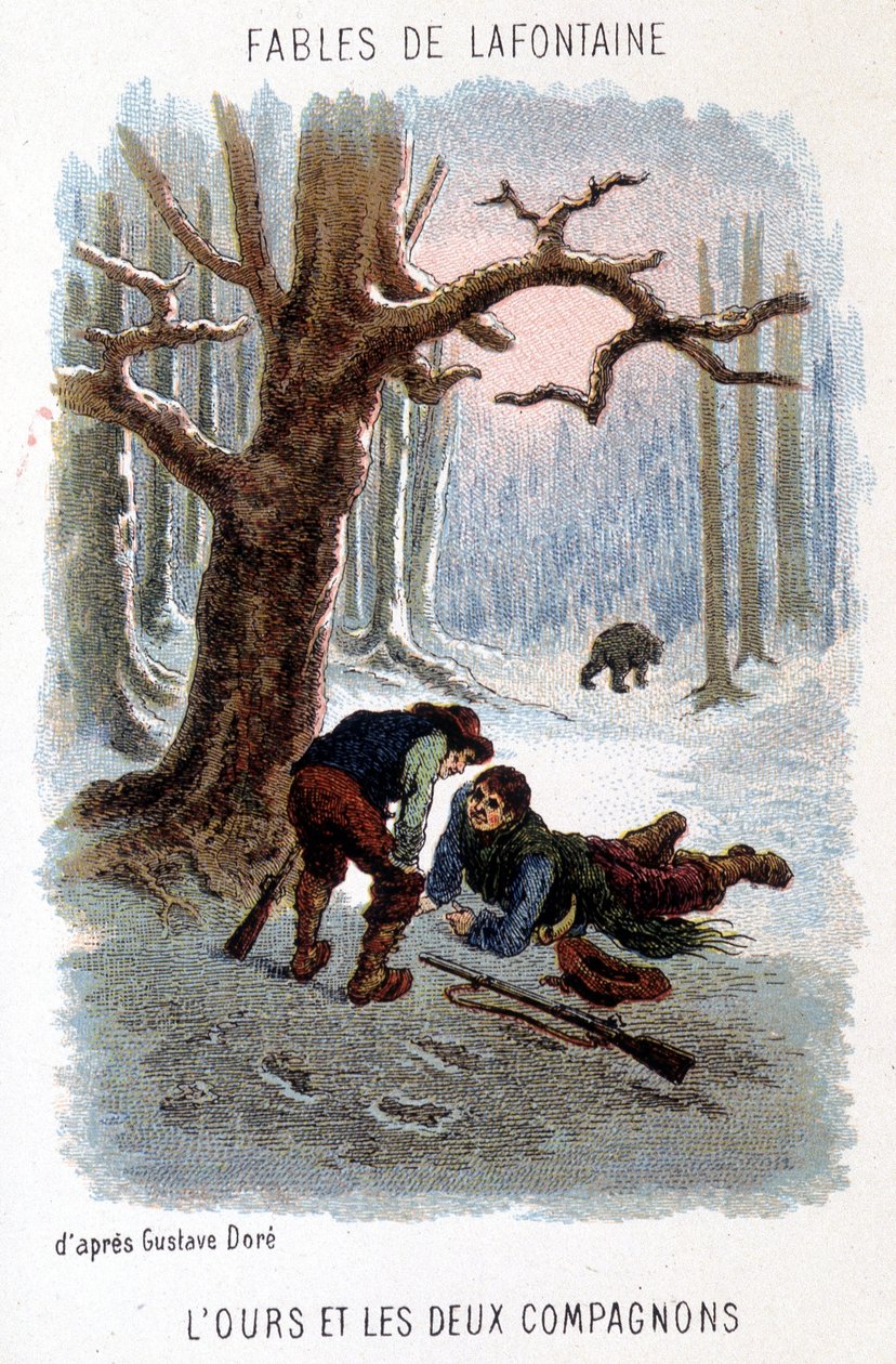 Illustration von „Der Bär und die zwei Gefährten“, Fabel von La Fontaine, basierend auf einer Zeichnung von Gustave Doré. von Gustave (after) Dore