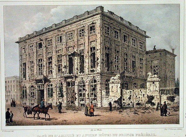 Das Cafe Amitie und das Alte Hotel du Prince Frederic, Brüssel, nach den Kämpfen vom 23.-26. September 1830, graviert von Jean Baptiste Madou von Gustave Adolphe (after) Simoneau