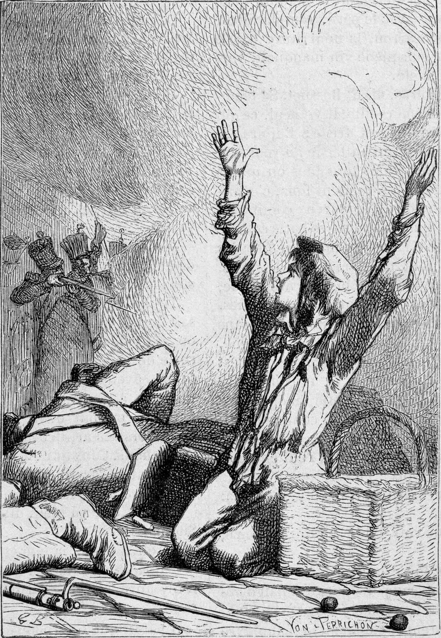Gavroche fällt auf den Barrikaden - in „Les Misérables“ von Victor Hugo, ill. von Brion, ed. Hetzel und Lacroix von Gustave Brion