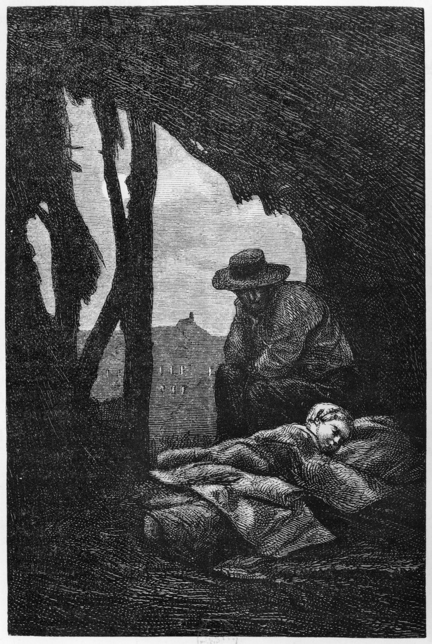 Jean Valjean wacht über die schlafende Cosette, Illustration aus 