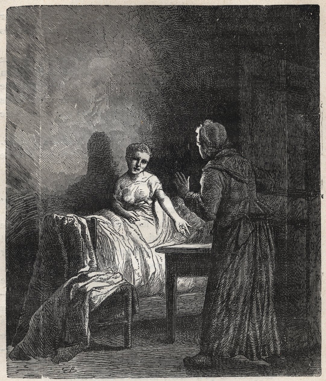 Marguerite betritt Fantines Zimmer und Fantine zeigt ihr zwei Napoleon-Münzen, die Cosette, ihre Tochter, retten können - Illustration von Gustave Brion (1824-1877) für „Die Elenden - Erster Teil: Fantine“ von Victor Hugo (1802-1885) 1862 von Gustave Brion