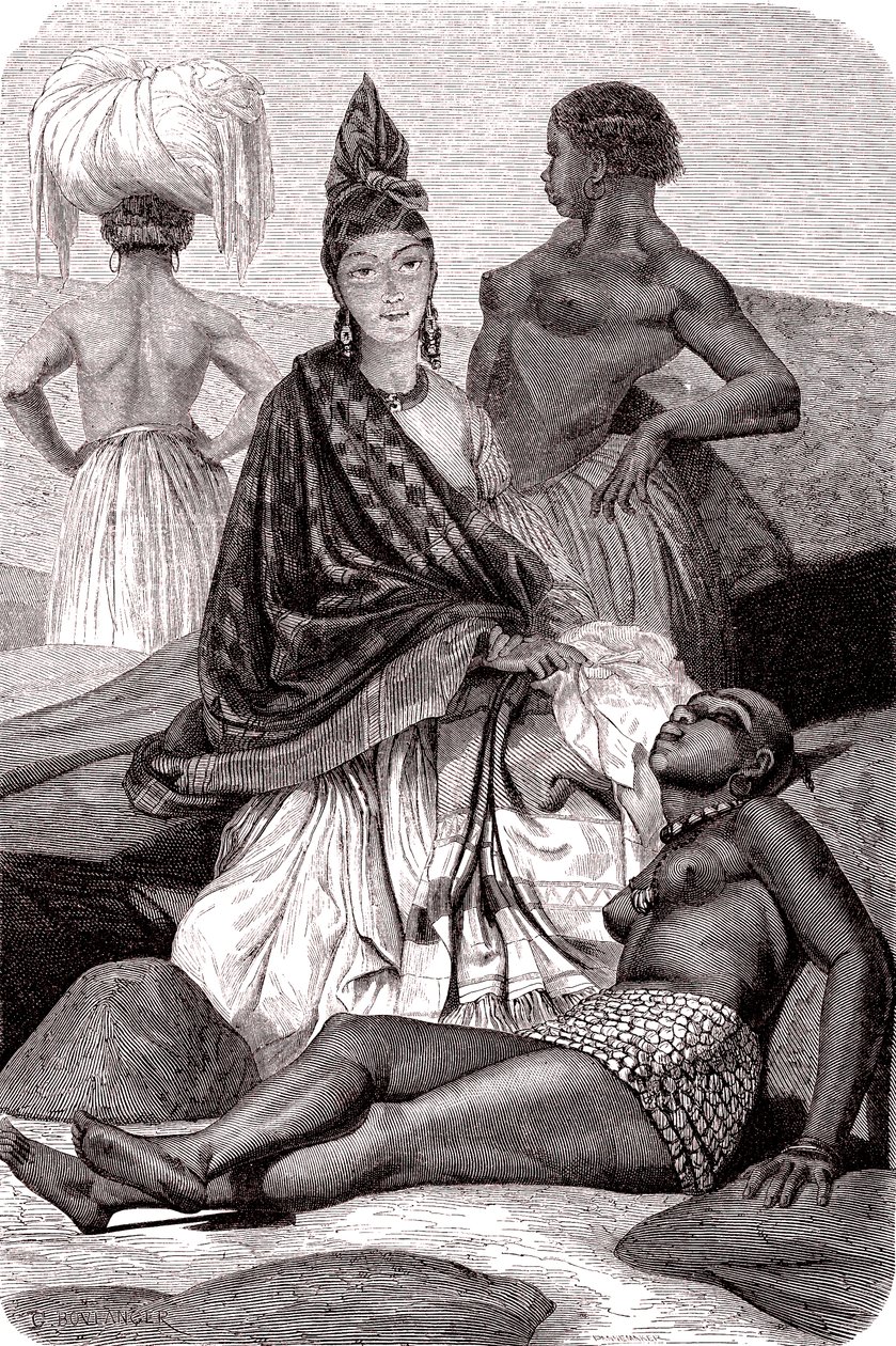 Signare, die mulattisch-französischen afrikanischen Frauen auf der Insel Gorée, Senegal. 1861 (Gravur) von Gustave Clarence Rodolphe Boulanger