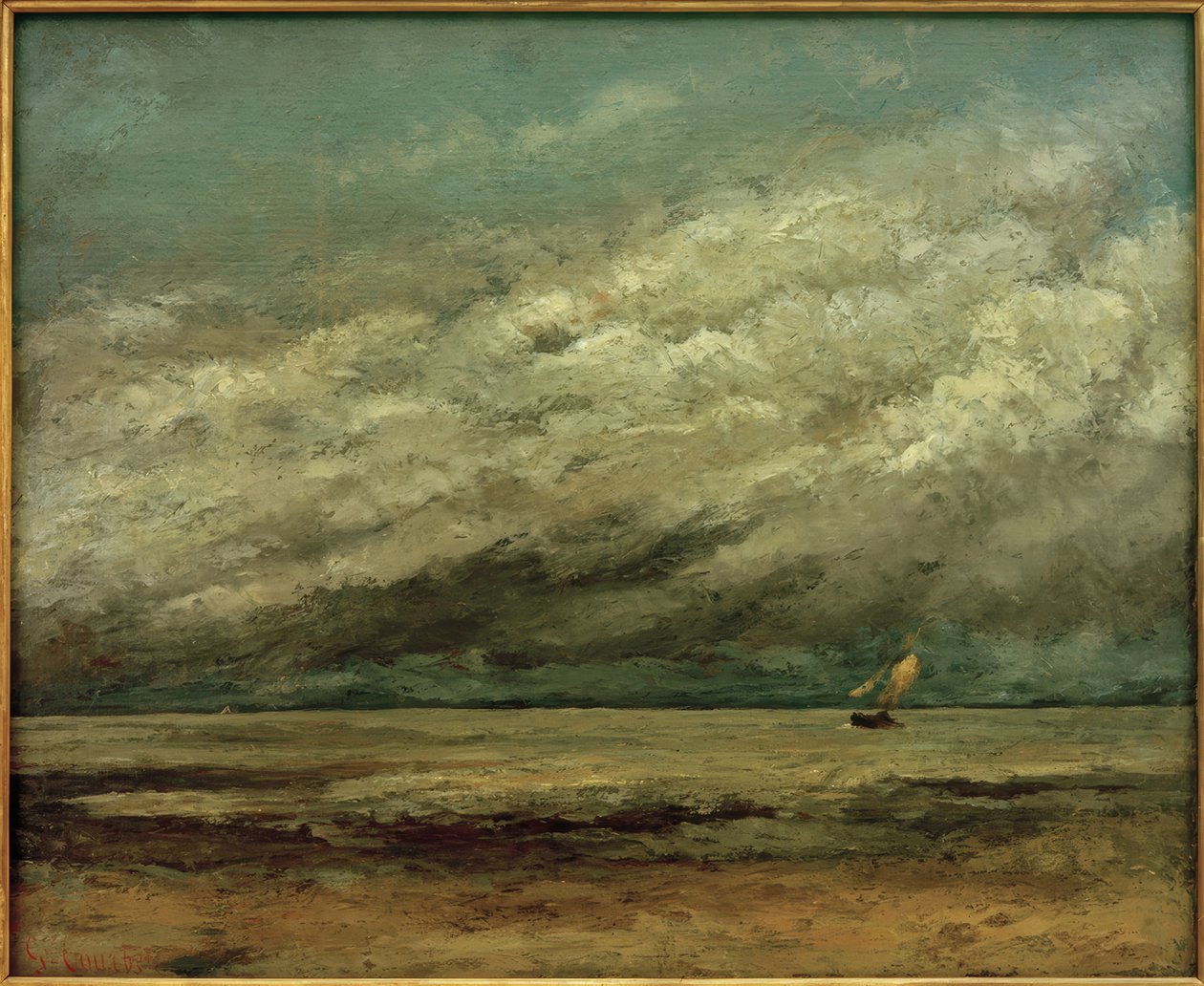 Segelboot nahe der Küste, stürmischer Himmel von Gustave Courbet