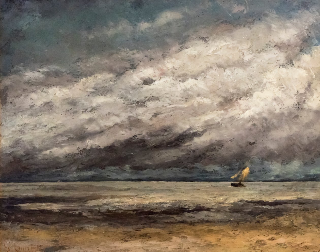 Die Küste mit einem Segelboot, das sich einem Sturm nähert, ca. 1869 von Gustave Courbet